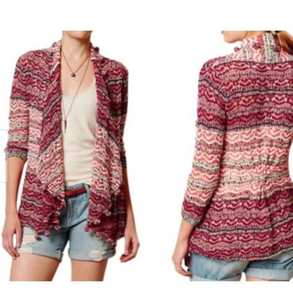 Anthropologie Moth Open Knit Cardigan Sweater Poms Pink Festival Boho Indie